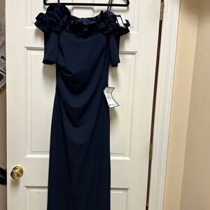 XSCAPE Navy Off Shoulder Long Gown NWT